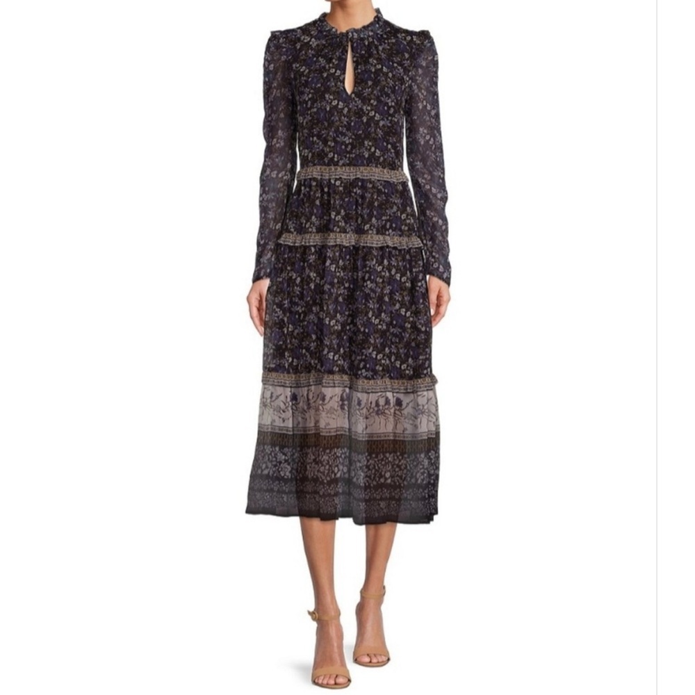 Antonio Melani Margarite Floral Print Long Sleeve Split Round Neck Button Dress